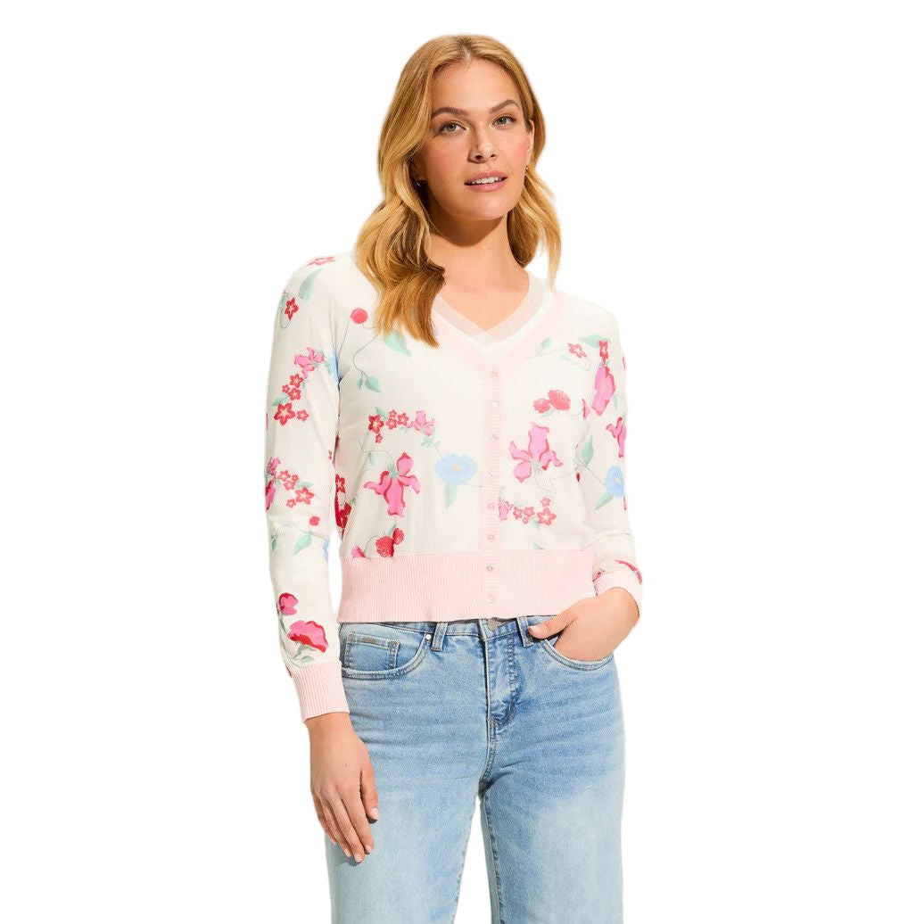 FDJ French Dressing Strawberry Flowers Print Mesh Accent Cardigan