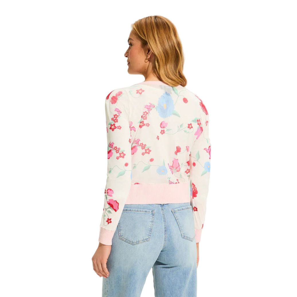 FDJ French Dressing Strawberry Flowers Print Mesh Accent Cardigan