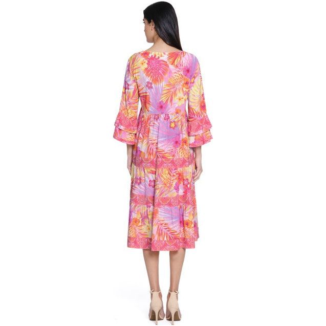 John Mark Pink Tropical Print Embroidered Neck Line Ruffle Sleeve Dress (J15364DM)