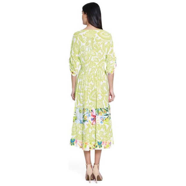 John Mark Green Print Embroidered Neckline Cinch Sleeve Dress (J15365DM)