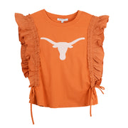 Texas Longhorn Capri Designs Sequined Varsity Ruffle Short Sleeve Ruched Top (KW12TEX2-409)(Burnt Orange)