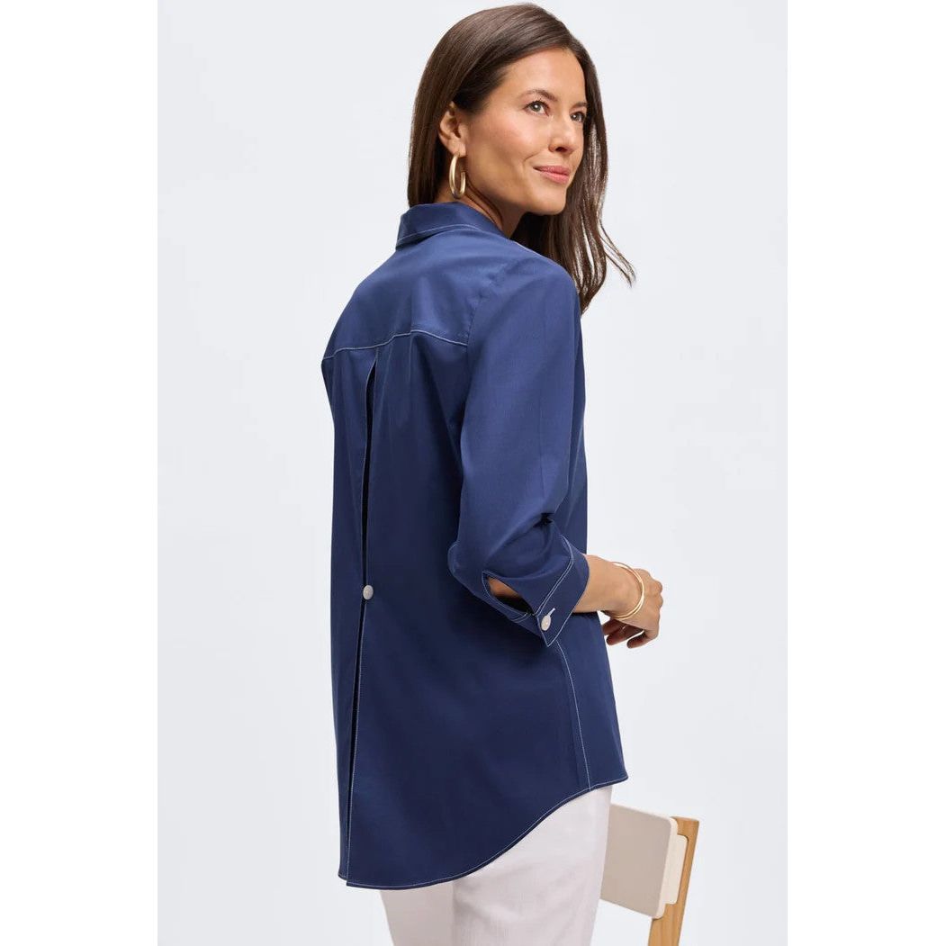 Foxcroft Kelly Solid Navy Contrast Stitch Stretch Shirt