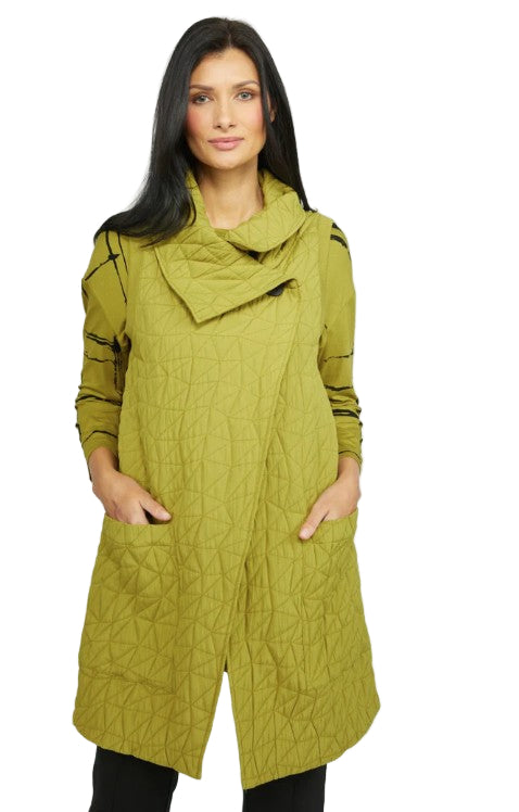 Olivia by Habitat Kaleidoscope Quilt Angled Pocket Long Vest (MOSS)