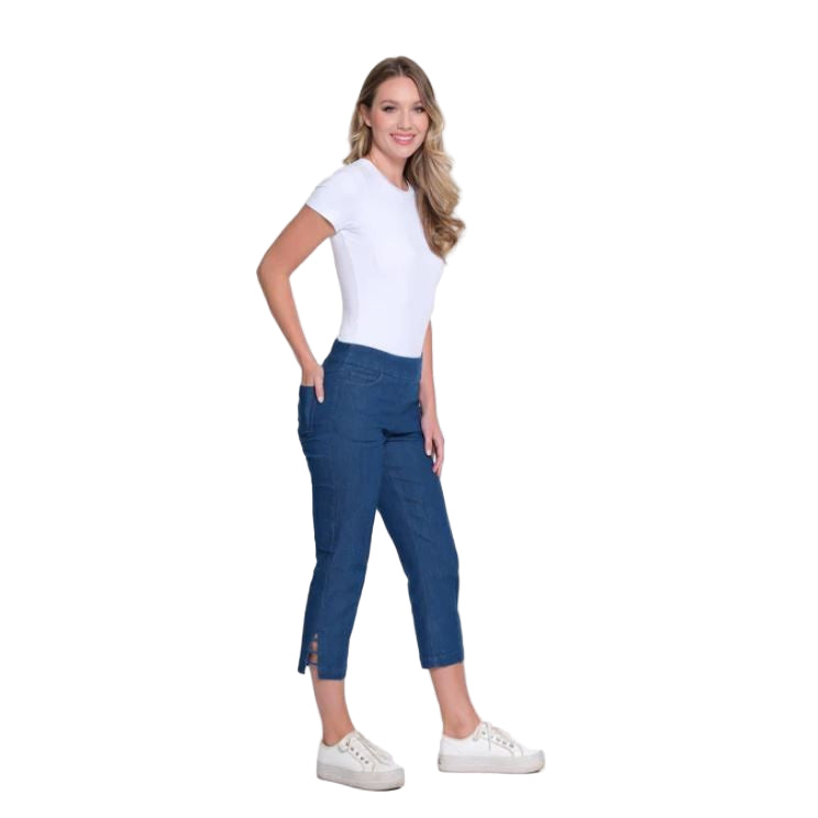 Slim-Sation Pull On 5 Pocket 3 Strap Hem Crop Jeans (M24710PM) LTINDIGO