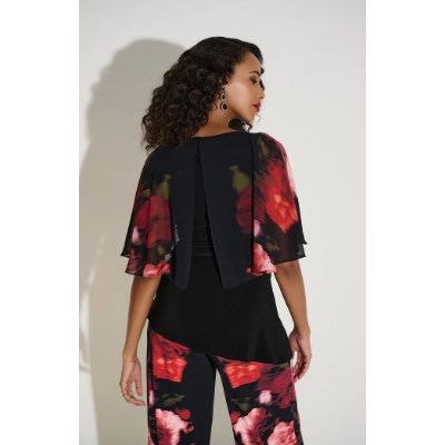 Joseph Ribkoff Solid Black Top With Floral Print Sleeve