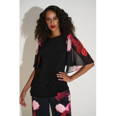 Joseph Ribkoff Solid Black Top With Floral Print Sleeve