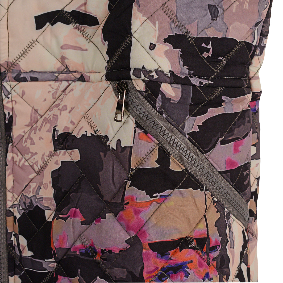 Shana Printed Double Zipper Puffer Vest (BLK/MULTI)