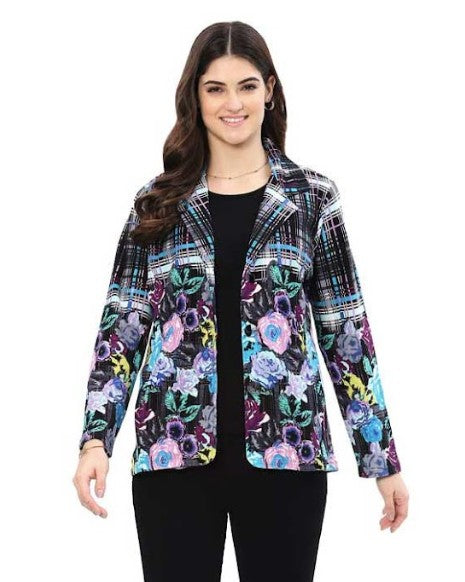 Parsley & Sage Bloom Floral & Plaid Print Jacket (BLK/TURQ/PNK)