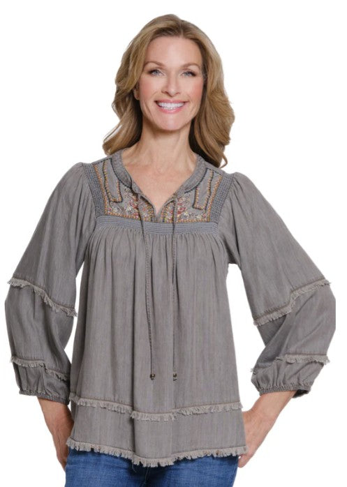 Multiples Embroidered Tie Front Shirred Top (M35607TM) (GRY)