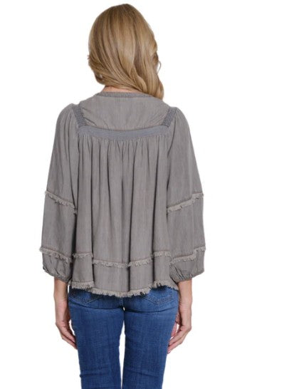 Multiples Embroidered Tie Front Shirred Top (M35607TM) (GRY)