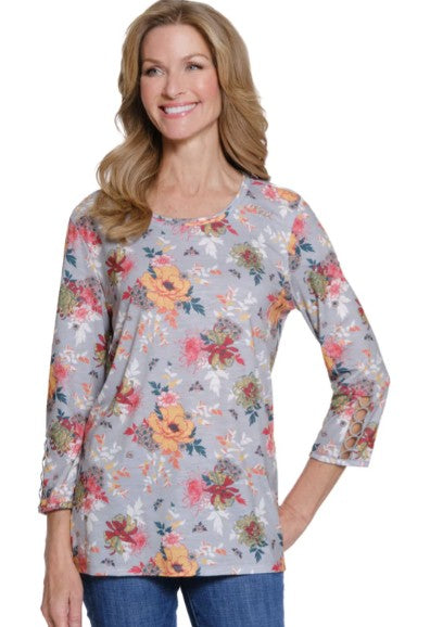 Multiples Floral Print Lace Detail Knit Top (M35608TM) (GRYMULTI)