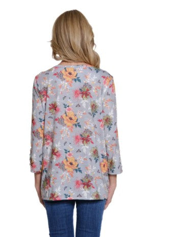 Multiples Floral Print Lace Detail Knit Top (M35608TM) (GRYMULTI)