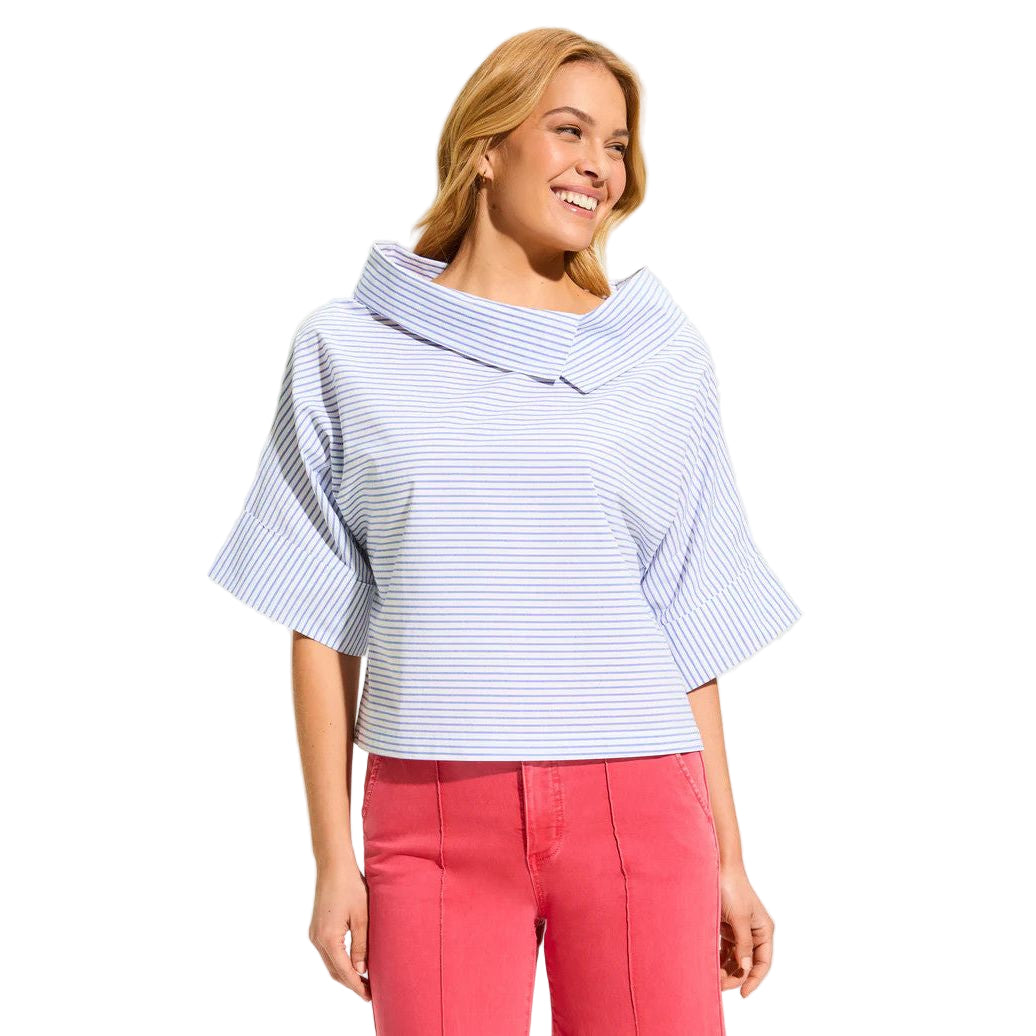FDJ French Dressing Stripe Poplin Crossover Neck Top (BLU)