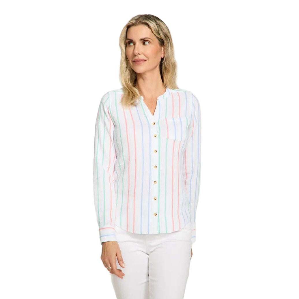 FDJ French Dressing Stripe Notch V-Neck Shirt (WHT)