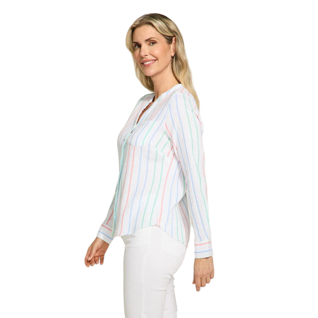 FDJ French Dressing Stripe Notch V-Neck Shirt (WHT)