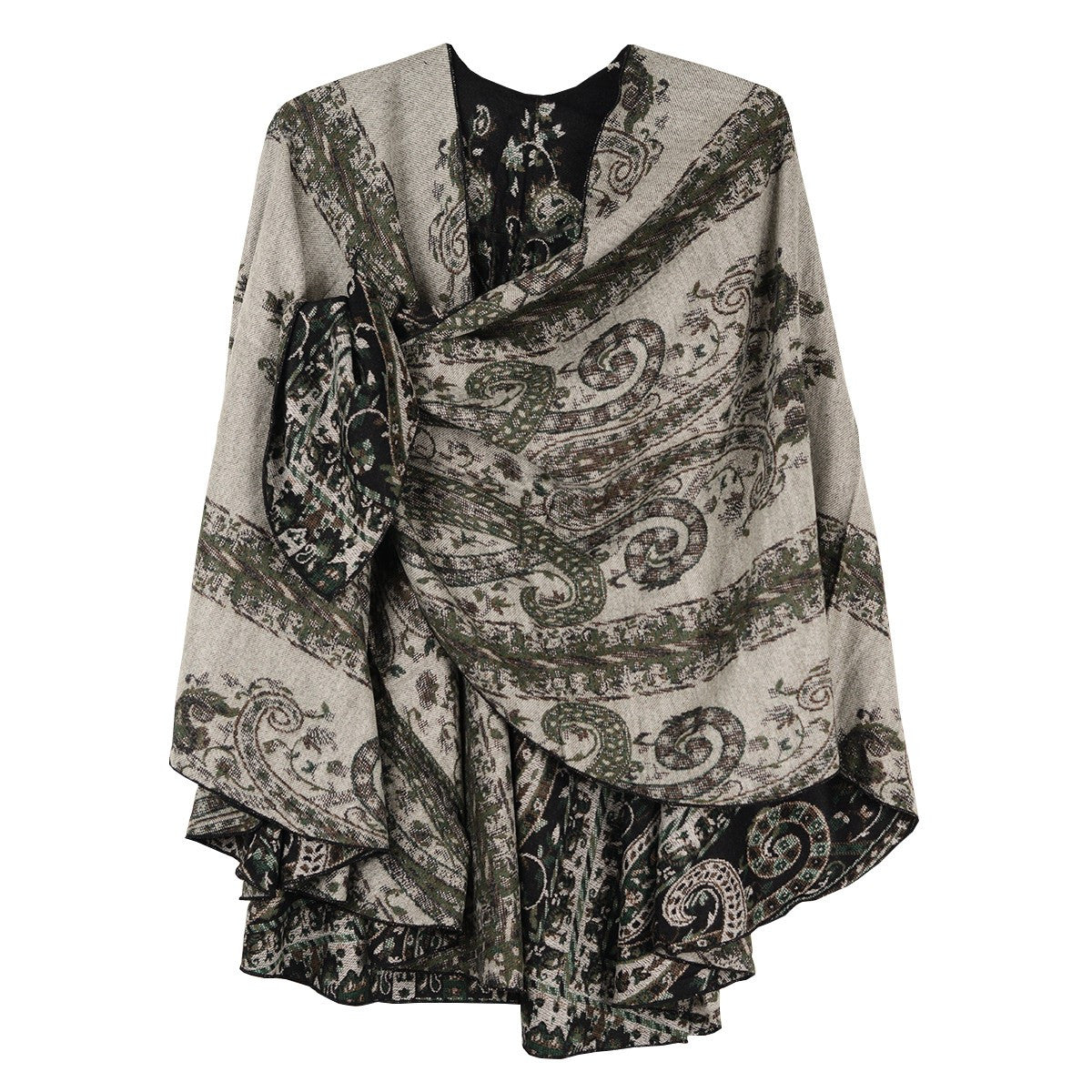 Rapti 100% Cashmere Reversible Loop Shawl (#75) (Black, white, green)