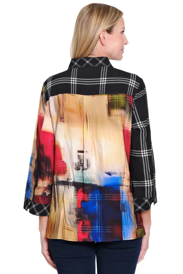 Ali Miles Woven Mix Print Abstract Multi Button Front Stand Collar Shirt (BLK/RED)
