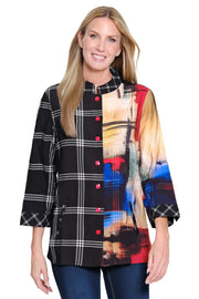 Ali Miles Woven Mix Print Abstract Multi Button Front Stand Collar Shirt (BLK/RED)