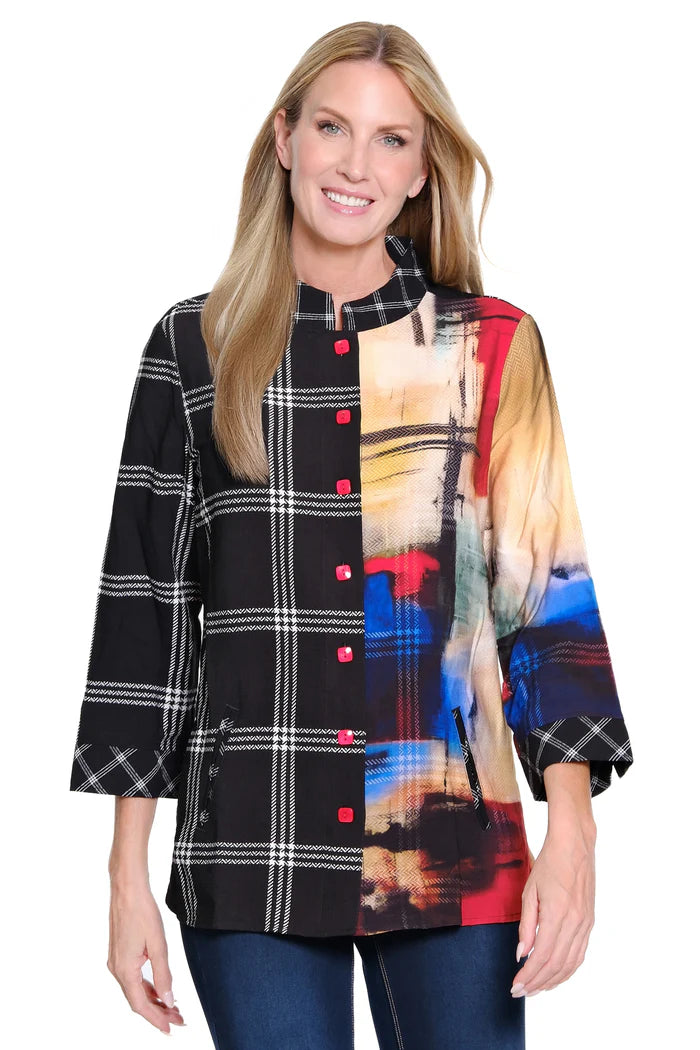 Ali Miles Woven Mix Print Abstract Multi Button Front Stand Collar Shirt (BLK/RED)
