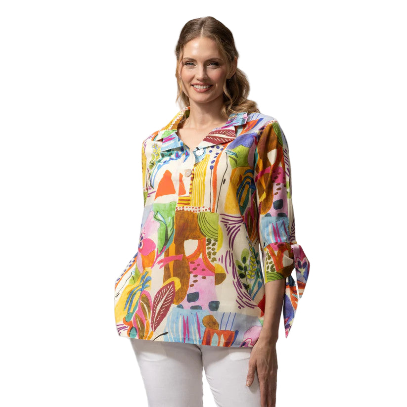 Toofan Bright Print Wire Collar Sleeve Tie Detail Pull-Over Shirt (DP33-260)(Multi)