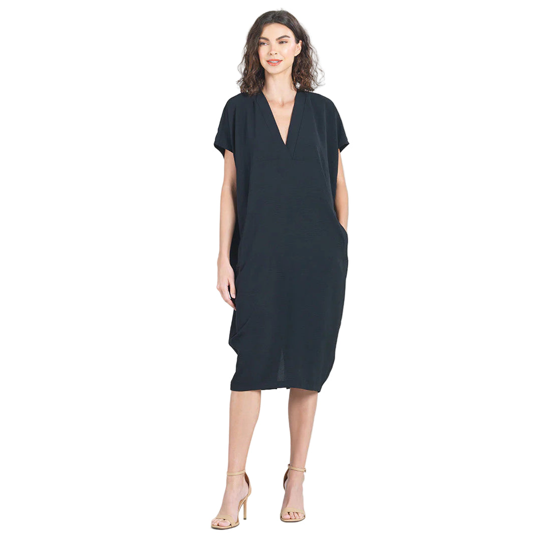Clara Sun Woo V-Neck Solid Black Loose Fit Pocket Dress SuePatrick.com Clara Sun Woo V-Neck Solid Black Loose Fit Pocket Dress SuePatrick.com
