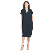 Clara Sun Woo V-Neck Solid Black Loose Fit Pocket Dress