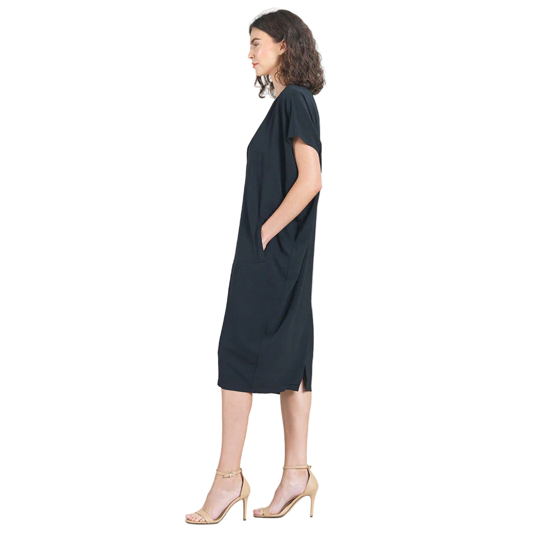 Clara Sun Woo V-Neck Solid Black Loose Fit Pocket Dress