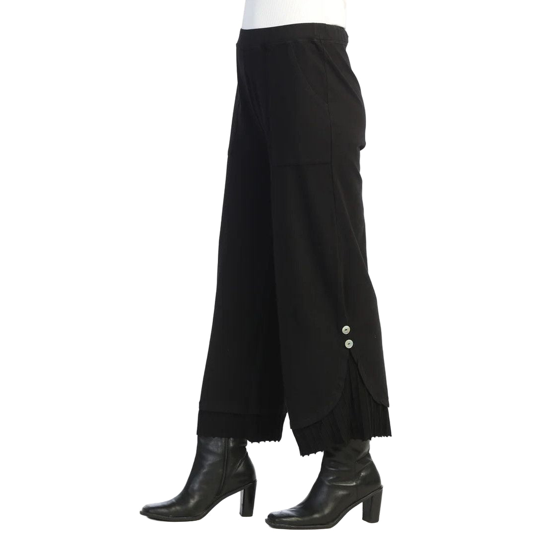 Jess & Jane Jet Black Pleated Ribbed Hem Button Accent Pant (M125)