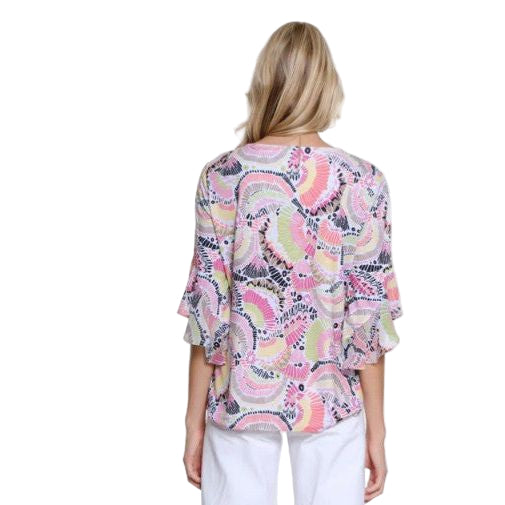 Multiples Print Flounce Sleeve Scoop Neck Top (PNK)