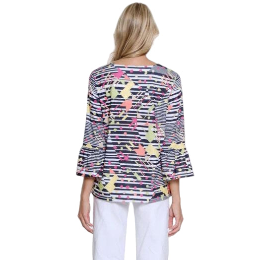 Multiples Stripe Print Flounce Sleeve Crew Neck Top