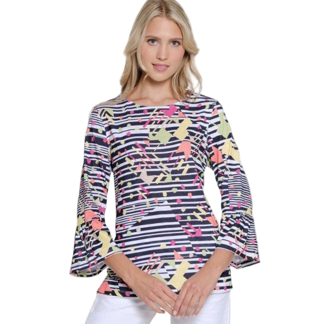 Multiples Stripe Print Flounce Sleeve Crew Neck Top