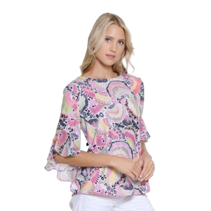 Multiples Print Flounce Sleeve Scoop Neck Top (PNK)