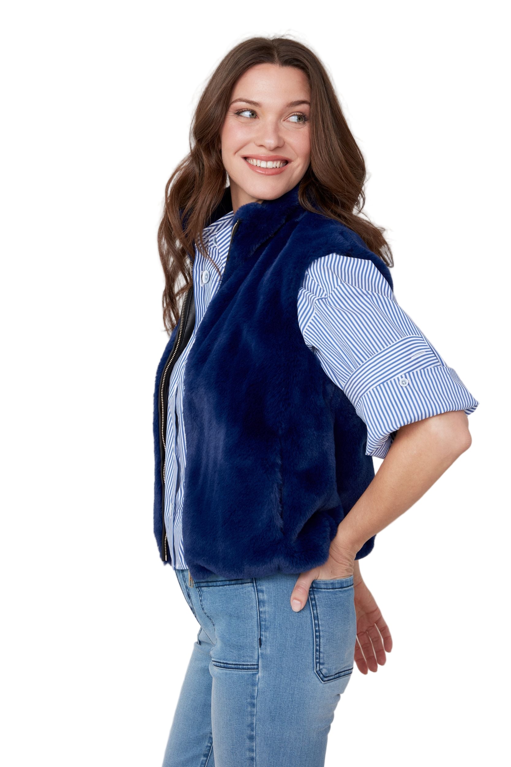 Renuar Vegan Fur Short Oxford Blue Vest( R3879L-E3011) (Oxford Blue)