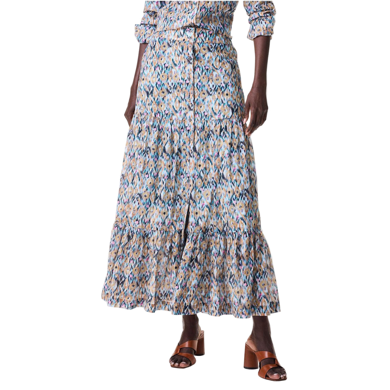 Nic & Zoe Up Beat Ikat Print Crinkle Tiered Skirt (BLU/MULTI)