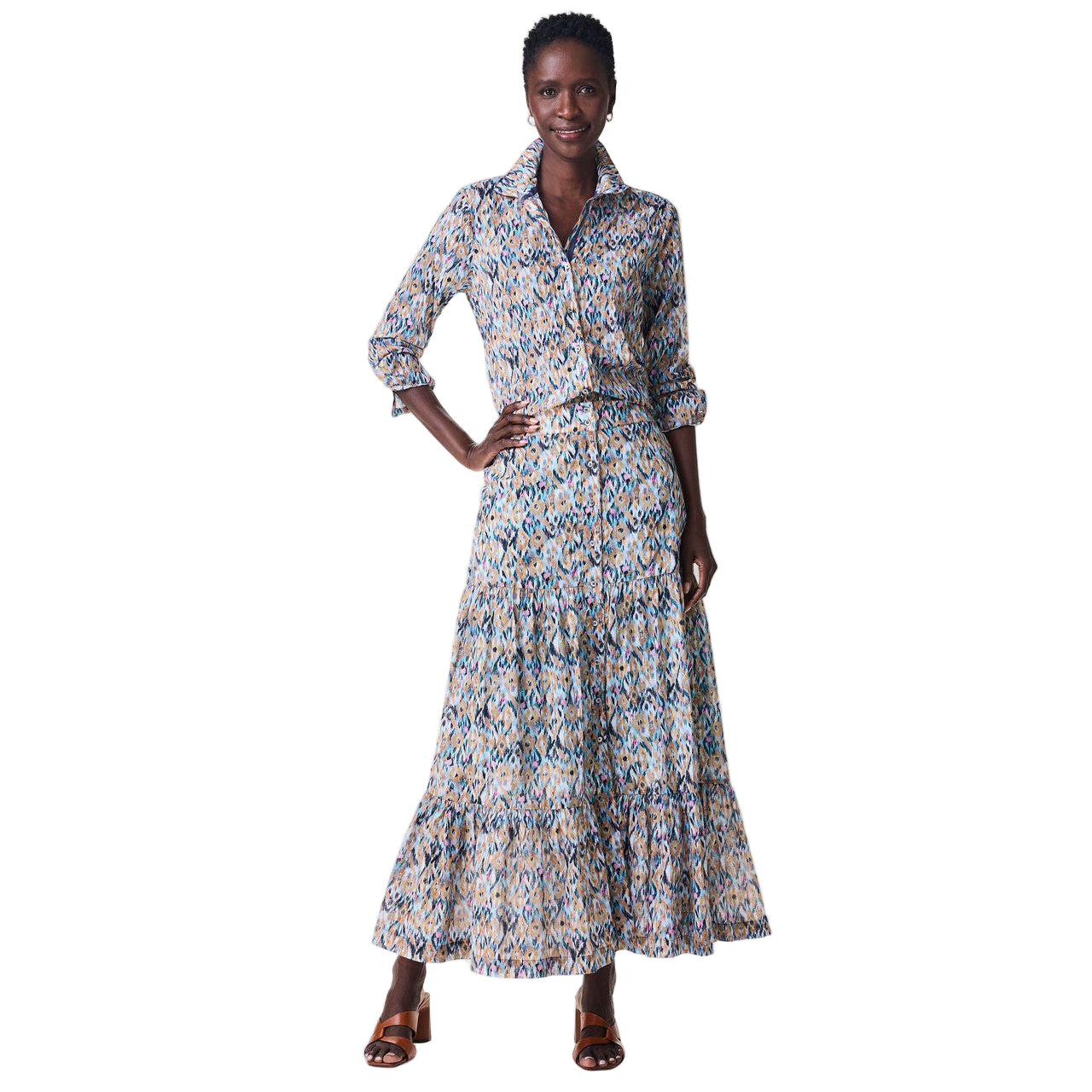 Nic & Zoe Up Beat Ikat Print Crinkle Tiered Skirt (BLU/MULTI)