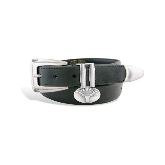 Black Smooth Leather Belt with Metal Tip End and TEXAS Conch with Longhorn Logo