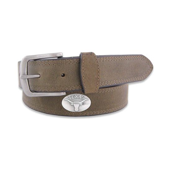 Brown Leather Belt with Contrasting Stitching and Metal Conch with TEXAS & Longhorn Logo
