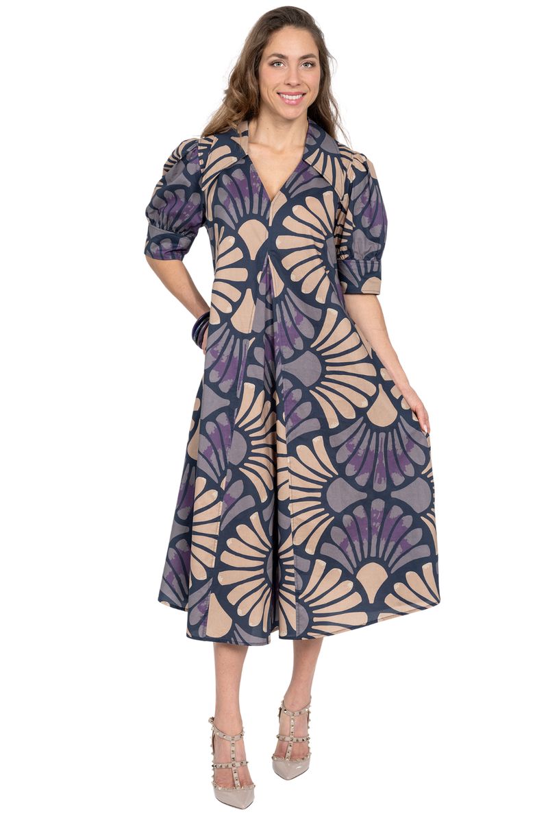 Lior Amber Short Sleeve Floral Dress (Amber-5-AR ) (NVY/TAN/PURP)