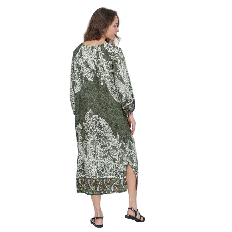 Lior Jungle Garden Print Drawstring Neck Long Dress (Christina-1-ar)(Olive)