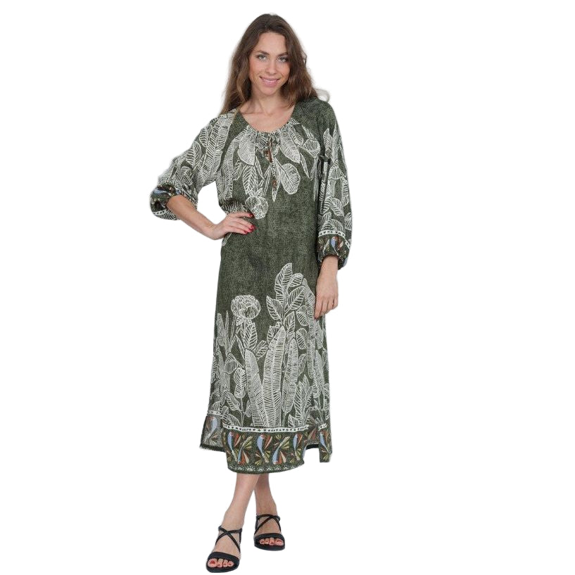Lior Jungle Garden Print Drawstring Neck Long Dress (Christina-1-ar)(Olive)