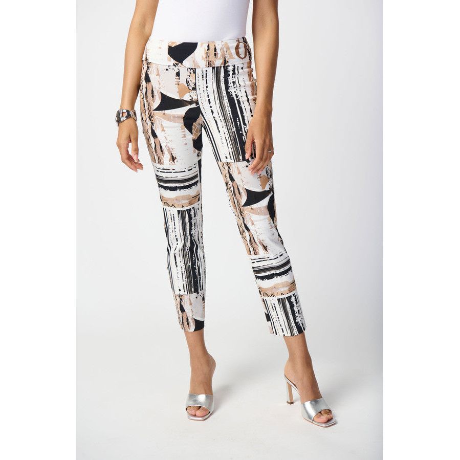 Joseph Ribkoff Abstract Print Slim Fir Crop Pant (241265-2539) WHT/BLK/TAN