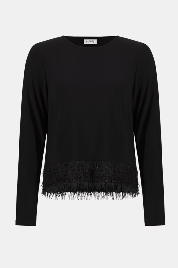 Joseph Ribkoff Chic Fringe & Jewel Adorned Hem Crew Neck Black Pullover(254148-11)