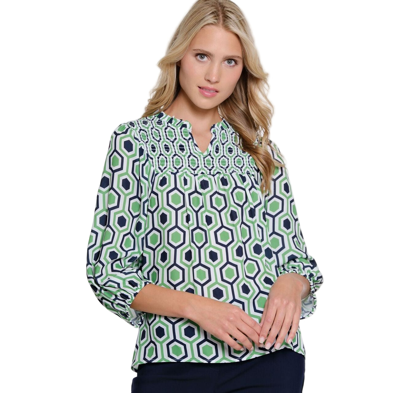 Multiples Print Puff Sleeve Shirred Front Top (GRN/MID)