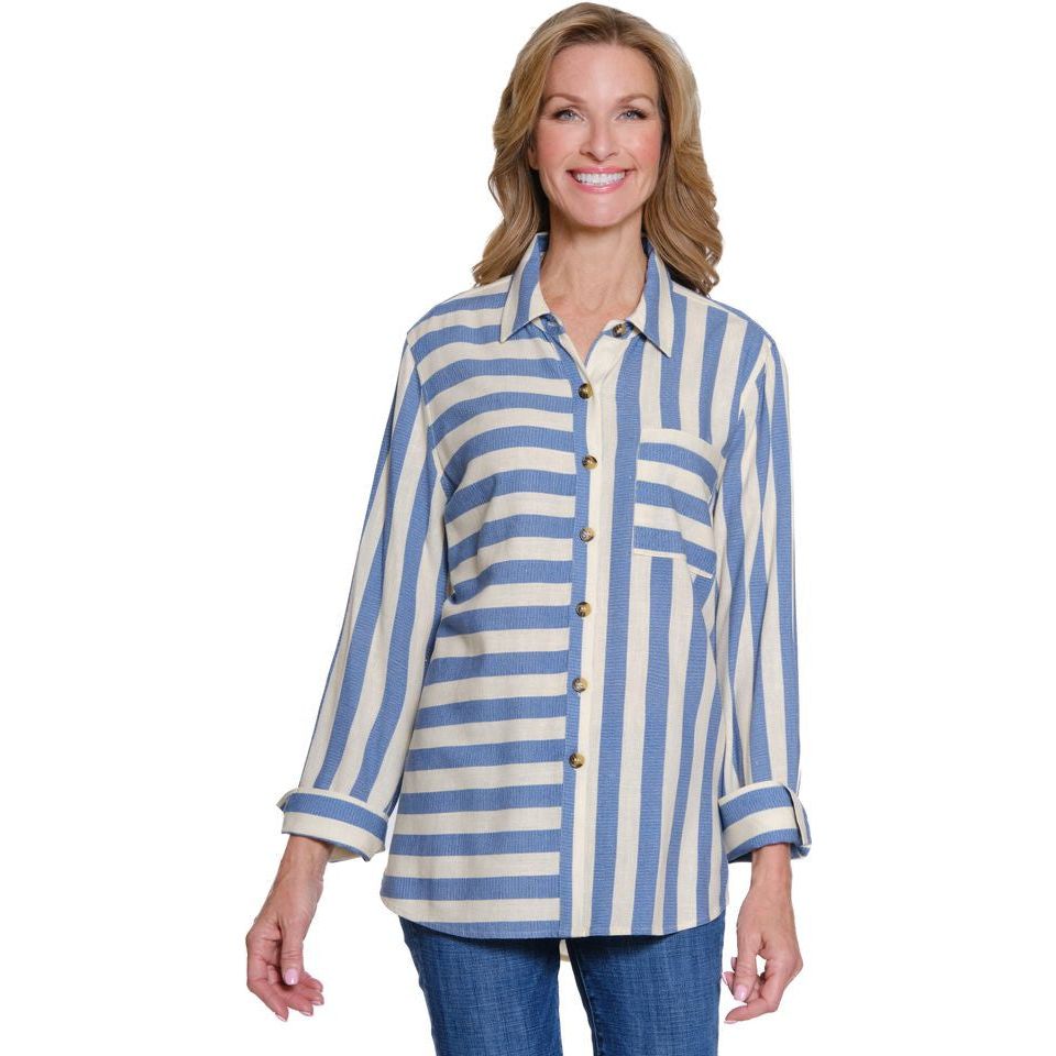 Multiples Blue Stripe Button Front Turn Up Cuff Hi-Low Shirt (M35510BM)