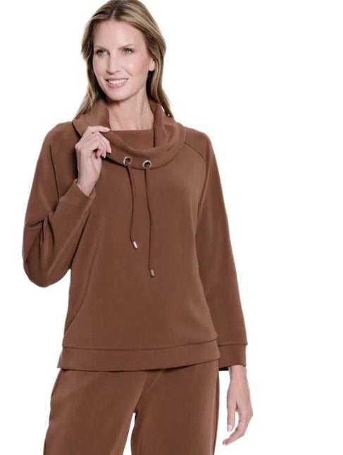 Multiples Cuffed Raglan Sleeve Drawstring Cowl Collar Top (4 Colors)