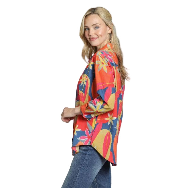 APNY Boyfriend Bright Orange Multi Floral Button Front Shirt (T19P/C-032D/CT)