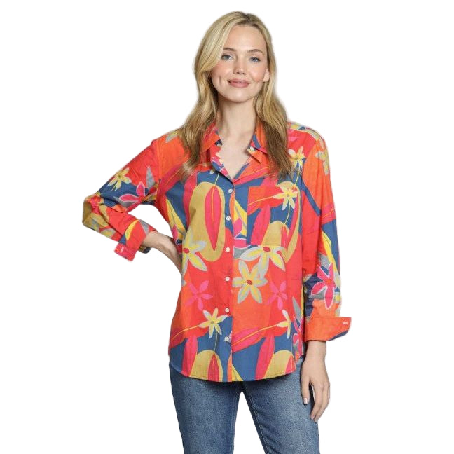 APNY Boyfriend Bright Orange Multi Floral Button Front Shirt (T19P/C-032D/CT)