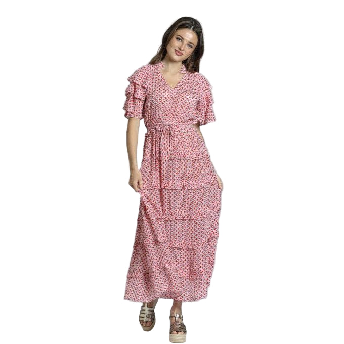 APNY Print Ruffled Sleeve & Tiered Maxi Dress (RED)
