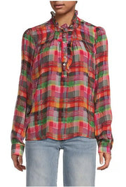 APNY Ruffle Half Placket Pink Plaid Shirt (T431P/C-089D/NC)