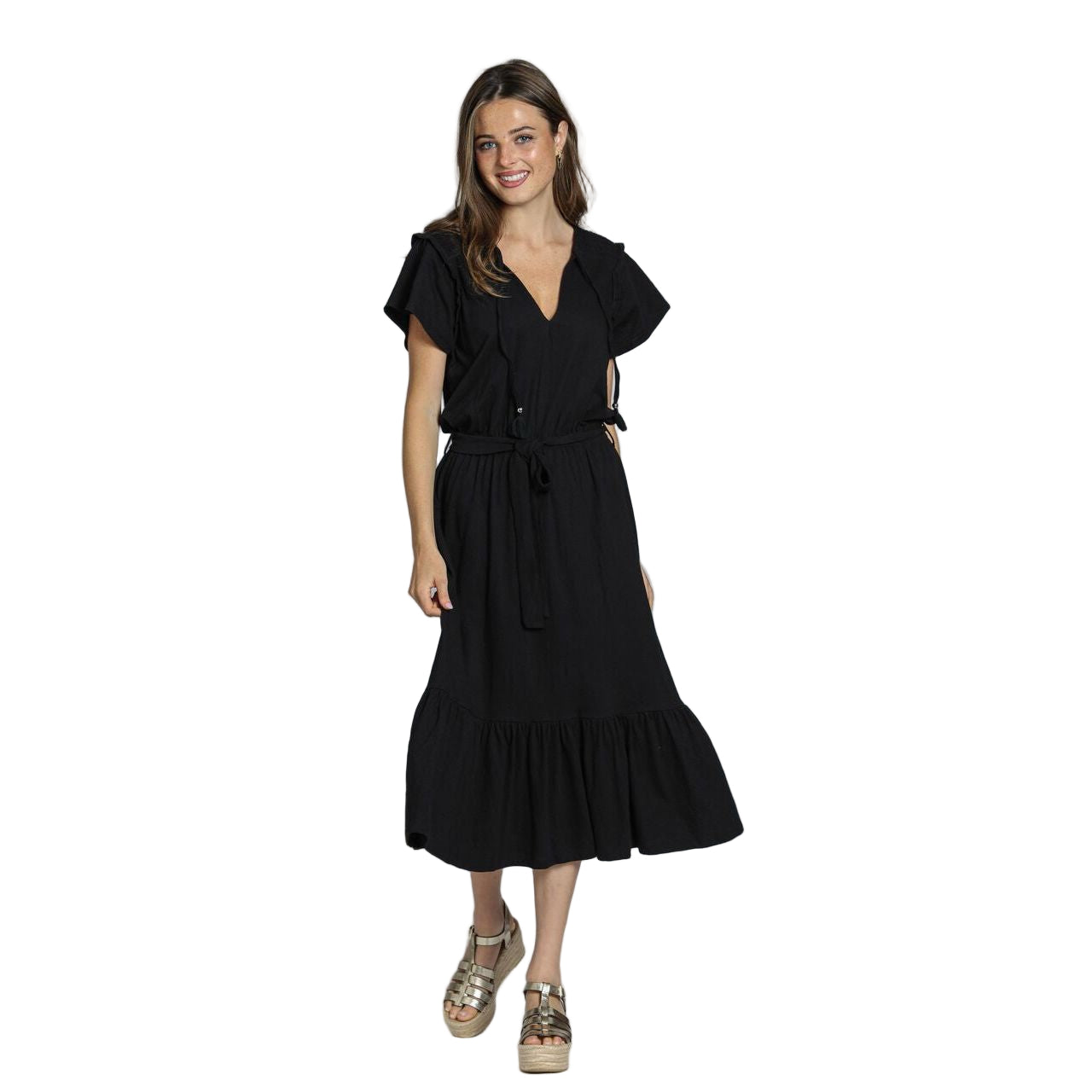 APNY Shoulder Smocking Detail Tie Front Solid Black Dress